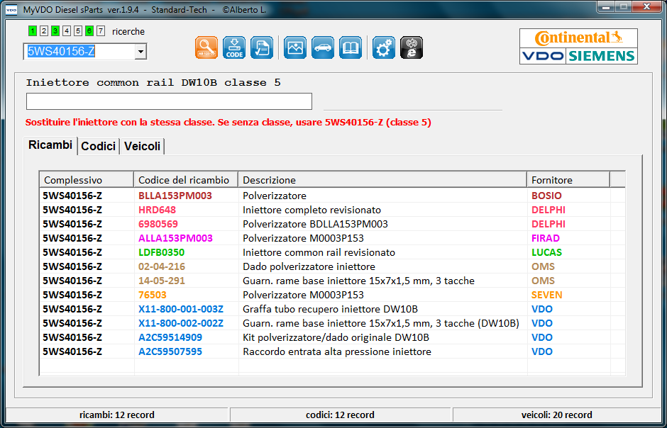 inserimento di un codice VDO e visualizzazione dei ricambi