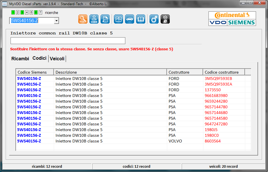 elenco dei codici costruttori riferiti al codice VDO inserito